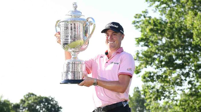 Justin Thomas poses with the PGA Championship Trophy on May 22, 2022.